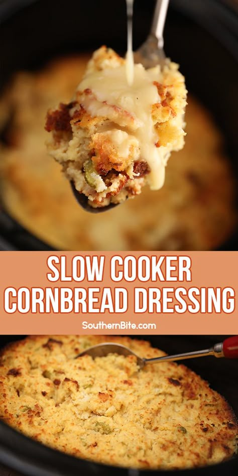 This Slow Cooker Cornbread Dressing is moist, flavorful and saves space in the oven! Slow Cooker Cornbread, Crockpot Cornbread, Crockpot Dressing, Cornbread Dressing Recipe, Cornbread Stuffing Recipes, Dressing Recipes Thanksgiving, Cornbread Dressing Southern, Dressing Recipes Cornbread, Cornbread Dressing