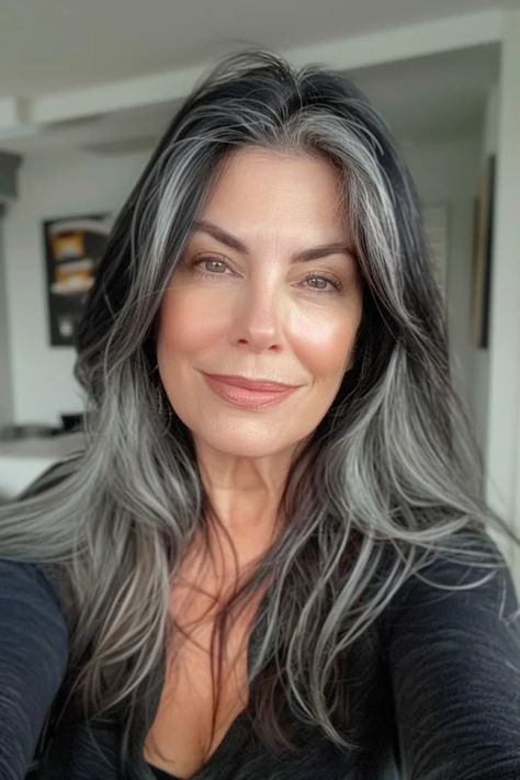 Salt And Pepper Hair Color Ideas, Grey Hair Blending, Salt And Pepper Hair Color, Pepper Hair Color, Hairstyles For Grey Hair, Salt Pepper Hair, Long Hair Older Women, Hair Ideas For Women, Pepper Hair