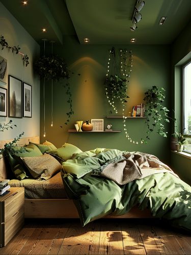 Bed On Floor Ideas Small Room, Bed On Floor Ideas, Bed On Floor, Beds On Floor Ideas, Small Bedroom Ideas For Men, Green Bed, Mens Bedroom Decor, Tranquil Bedroom, Small Bedroom Ideas