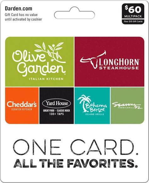 One Card, All the Favorites! From Soup, salad and breadsticks to the signature bone-in Outlaw Ribeye® we have 8 distinguished and diverse restaurants on one card. You pick the experience. With over 1,800 restaurants in all 50 states, the Darden Gift Card is One Card with All the Favorites including Olive Garden®, LongHorn Steakhouse®, Cheddar’s Scratch Kitchen®, Yard House®, Seasons 52® and Bahama Breeze®. Gift Cards can be redeemed for Online To Go, Catering and Dine-In meals. Olive Garden Gift Card, Longhorn Steakhouse, Bahama Breeze, Restaurant Gift Cards, Gifts For Truckers, Restaurant Names, Starbucks Gift Card, Card Balance, Red Lobster