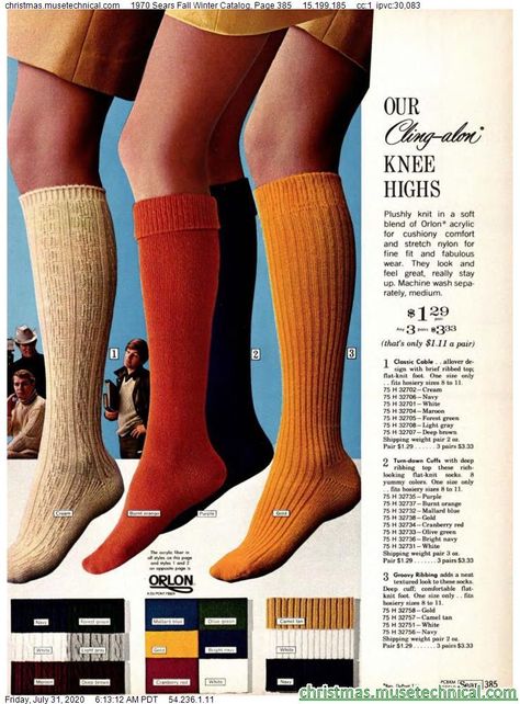 1970 Sears Fall Winter Catalog, Page 385 - Christmas Catalogs & Holiday Wishbooks American Apparel Ad, 1970 Fashion, Fashion 30s, Fit Mum, Old School Fashion, Vintage Socks, Groovy 70s, 80s Horror, Sock Outfits