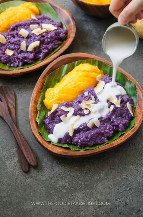 Ube Mango Sticky Rice, Ube Sticky Rice Recipe, Sticky Rice Mango Recipe Thai Dessert, Sticky Mango Rice, Saucy Ramen, Thai Mango Sticky Rice, Sticky Rice With Mango, Mango Sticky Rice Recipe, Rice With Mango