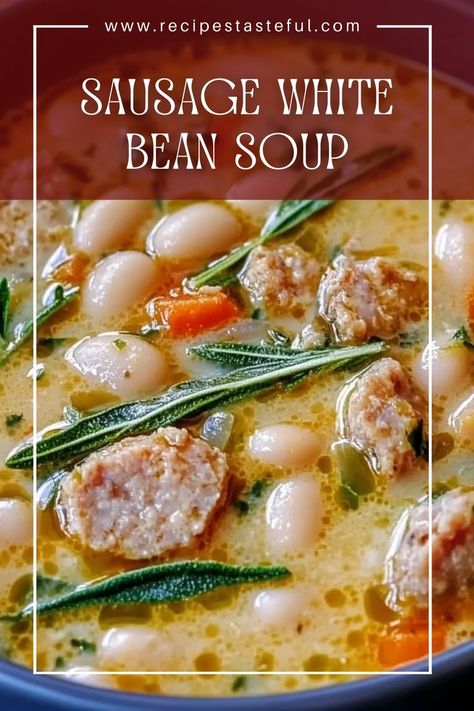 A cozy and comforting meal in just 30 minutes! This hearty soup features spicy Italian sausage, creamy cannellini beans, and fresh spinach, making it a perfect weeknight dinner. Sausage White Bean Soup, White Bean Sausage Soup, Sausage White Bean, Cannellini Beans Soup, Bean And Sausage Soup, Cannellini Beans Recipes, Making Sausage, Spinach Soup Recipe, Spicy Italian Sausage