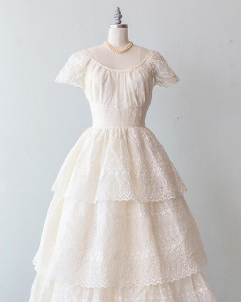 1950’s triple tiered cotton eyelet lace wedding gown Eyelet Wedding Dress, Vintage Wedding Dress 1950s, Vintage Dress Shoes, Lace Wedding Gown, Wedding Gowns Lace, Lace Wedding Dress, Eyelet Lace, 1950s Vintage, Wedding Dresses Vintage