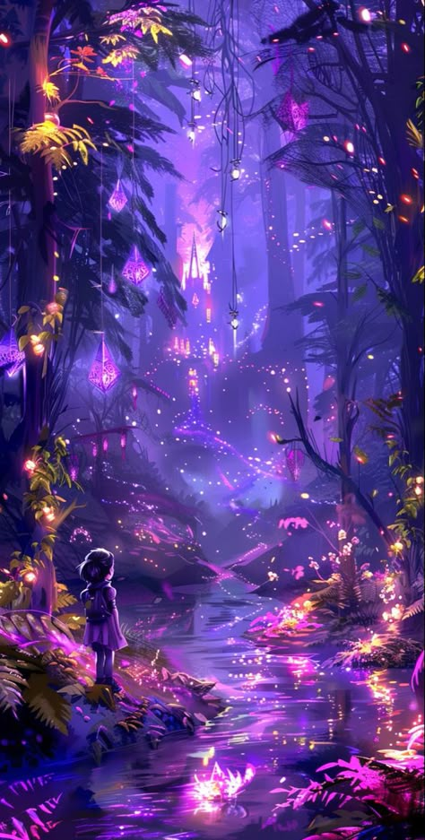 Transform your iPhone with a wallpaper that opens a gate to a fantasy world. In this cartoon-style magical forest, glowing flowers and sparkling streams create a realm where mystical creatures roam. A lone figure stands before an enchanted river, ancient oaks with pink blossoms framing the scene. The bright color palette of this concept art brings the magic to your screen, making every glance an escape to an enchanted world. #FantasyWorld #MagicalForestWallpaper #EnchantedRiver #iPhoneWallpaper Wallpaper Iphone Fantasy World, Magic Fantasy World, Glowing Flowers Wallpaper, Pink Fantasy World, Bright Fantasy Art, Bright Fantasy Aesthetic, Fantasy Background Magic, Magical World Aesthetic, Fantasy World Wallpaper