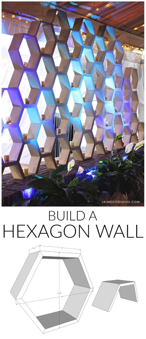 A DIY tutorial to build a hexagon wall. I'll show you how to make this eye catching feature wall for your next event using hexagons. Hexagon Mirror Wall Decor Pattern, Hexagon Sculpture, Hexagon Wall Design, Hexagon Design Graphic, Wall Structure Design, Hexagon Accent Wall, 1950 Home Decor, Honeycomb Wall Decor, Hexagon Wall Art