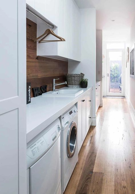 https://definebottle.com/wp-content/uploads/Modern-Classic-Laundry-Room.webp Long Narrow Laundry Room Layout, Long Narrow Utility Room, Galley Laundry Room, Internal Laundry, Galley Laundry, Laundry Layout, Renovation Photography, Practical Laundry Room, Narrow Laundry