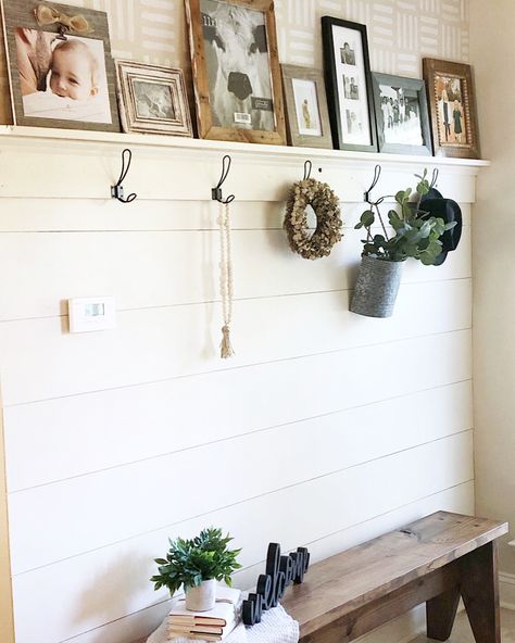 Entrance Bench And Hooks, Shiplap With Hooks Entry, Wall Decor Above Bench Entry Ways, Photo Ledge Entryway, Floating Shelf With Hooks Underneath, Picture Shelf Entryway, Shiplap Entryway With Hooks, Shiplap With Picture Ledge, Mudroom Shiplap Ideas