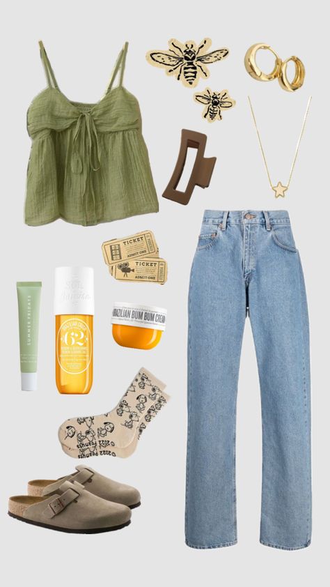 cute lil spring fit 🤭 Farmers Market Fits Aesthetic, Casual Creative Outfits, Cottage Core Outfits Women, Farmers Market Outfit Summer Casual, Summer Fits Midsize, Island Vibes Outfits, Fall Granola Outfits, Cute Thrifted Outfits, Summer Outfit With Jeans