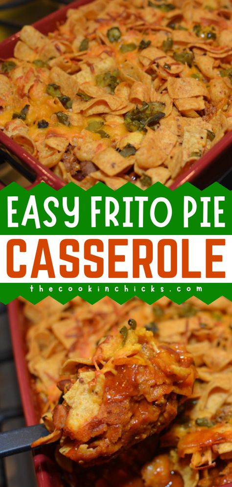 Learn how to make Frito Pie Casserole! This frito chili pie is like a walking taco. Full of ground beef or turkey, corn chips, enchilada sauce, and more, this easy casserole recipe is packed with flavor! Put this family dinner idea on your go-to comfort food! Frito Taco Bake Casserole, Crockpot Frito Pie With Enchilada Sauce, Frito Casserole Beef, Walking Taco Casserole With Fritos, Frito Casserole, Frito Pie Casserole, Frito Recipe, Mexican Casseroles, Easy Casserole Recipe