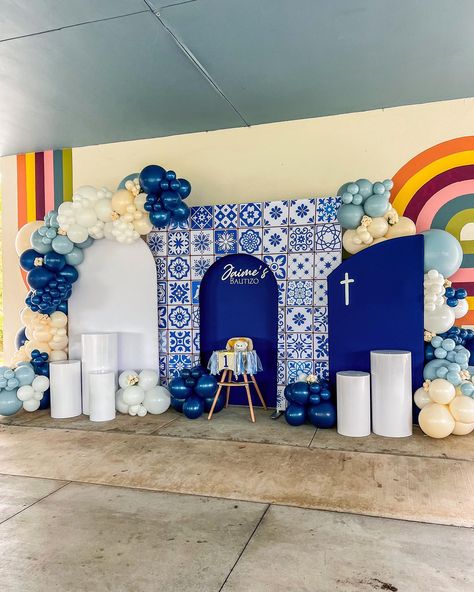 Bautizo: Talavera Edition 🔹 New Backdrop now Available! Check out this Joint Bautizo/1st Birthday setup! We love our new Talavera Backdrop & this color wave! #balloongarland #talavera #balloondecoration #bautizo #firstbirthday #eventplanner #eventstylist #balloonartist Clase Azul Party Decor, Welcome Stand, Rustic Theme Party, Talavera Wedding, Mexican Graduation, Birthday Setup, Baptism Decorations Girl, Door Stand, Bautizo Ideas