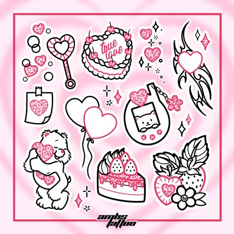 Kawaii Stick And Poke, Heart Filler Tattoo, Valentine’s Day Matching Tattoos, Love Heart Sweets Tattoo, Simple Y2k Tattoo Ideas, Kawaii Flash Sheet, Valentine Day Flash Tattoo, Valentines Tattoo Ideas, Strawberry Flash Tattoo