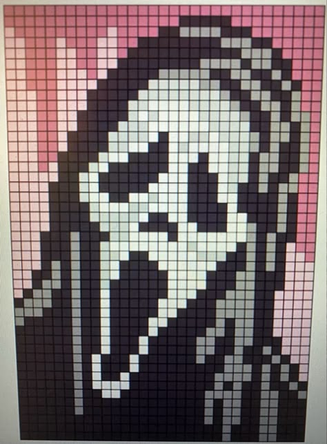 Ghost Face Granny Square, Ghostface Grid Pattern, Ghost Face Pixel Art Grid, Ghost Face Crochet Tapestry, Ghost Face Grid Pattern, Horror Sewing Projects, Ghost Face Cross Stitch, Scream Pixel Art Grid, Creepy Pixel Art Grid