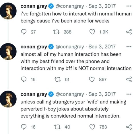 Conan Gray Tweets, Conan Gray Funny, Conan Grey, Conan Gray Aesthetic, Grey Quotes, Justin Beiber, So Me, Gray Aesthetic, Conan Gray