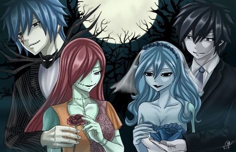 Halloween 2015: Burton style! | chsabina [pixiv] http://www.pixiv.net/member_illust.php?mode=medium&illust_id=53358874 Fairy Tail Gruvia, Jellal And Erza, Fairy Tail Love, Tim Burton Art, Anime Fairy Tail, Fairy Tail Nalu, Halloween Fairy, Fairy Tale Anime, Fairy Tail Couples