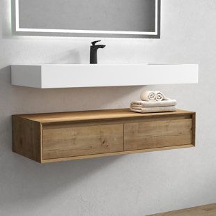 Invisible Sink Bathroom, Teak Floating Vanity, Open Vanity, Bathroom Floating Vanity, Single Sink Bathroom Vanities, Floating Sink, Vessel Sink Vanity, Wall Mounted Bathroom Vanity, Freestanding Vanity Unit