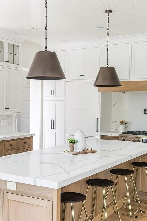 Wood And Quartz Island, Kelseyleighdesignco Kitchen, Plain And Fancy Kitchen Cabinets, Large Pendants Over Kitchen Island, White Kitchen Wood Cabinets, Wood Cabinets White Island, White And Wood Kitchen Modern, Wood Kitchen Island Ideas, Pendants Over Kitchen Island