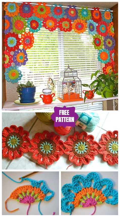 DIY Crochet Flower Power Valance Free Crochet Pattern - Video Corak Krusye, Flower Curtains, Diy Crochet Flowers, Crochet Curtain Pattern, Crochet Puff Flower, Confection Au Crochet, Crochet Flowers Free Pattern, Flower Curtain, Crocheted Flowers