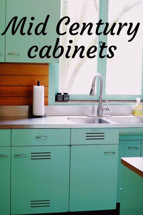 Locking Liquor Cabinet, Mid Century Kitchen Cabinets, Mid Century Cabinets, Top Cabinets, Metal Kitchen Cabinets, Metal Cabinets, Funky Kitchen, Mcm Kitchen, Blogger Inspiration