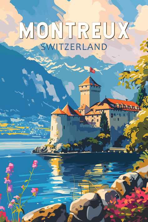 Retro-style illustration of Montreux, Switzerland, featuring Chillon Castle on the shores of Lake Geneva with majestic mountains in the background under a bright blue sky. Travel Postcards Aesthetic, Chillon Castle, Montreux Switzerland, Switzerland Art, Travel Photo Album, Switzerland Cities, Vintage Advertising Posters, Travel Icon, Travel Postcard