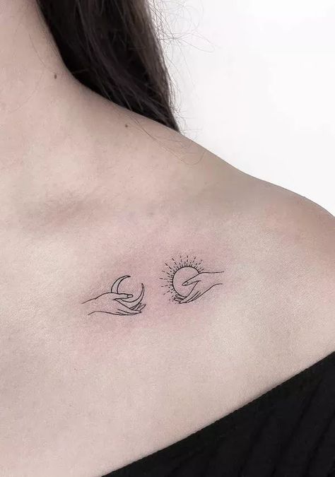 50+ Sun and Moon Tattoos With Meaning | Our Mindful Life Cute Tattoos Collar Bone, Unique Sun And Moon Tattoo, Unique Collar Bone Tattoo Ideas, Tattoos Moon, Sun And Moon Tattoos, Pretty Moon, Our Mindful Life, Sun And Moon Tattoo, Bone Tattoo