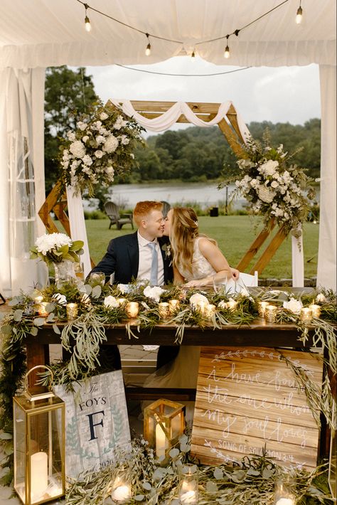 Sweetheart Table Greenery Simple, 6 Ft Sweetheart Table, Sweetheart Table Floor Decor, Sage Sweetheart Table, Brides Table Ideas, Wedding Sweetheart Table Ideas Elegant, Couple Table Wedding, Sweetheart Table Wedding Simple, Sweetheart Table With Greenery