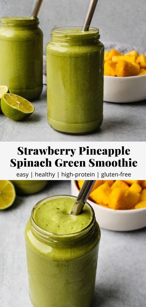 This strawberry pineapple spinach smoothie is packed with vitamin C and antioxidants. It’s also a great source of protein, healthy fats, and fibre, which makes this green smoothie is a super satisfying and filling breakfast option! #smoothie #greensmoothie #breakfast #easyrecipe #healthyrecipe Pineapple Spinach Smoothie, Pineapple Protein Smoothie, Chia Seed Nutrition, Walder Wellness, Strawberry Pineapple Smoothie, Spinach Juice, Strawberry Spinach, Pineapple Strawberry, Healthy Green Smoothies