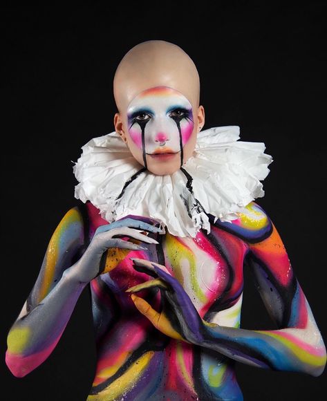 Saphron Morgan on Instagram: “My body painting exam shoot🤡  Model: @noctemdvsk  Mua: me☺️ A bald cap, expressive body paint and a bold makeup design along with a hand…” Bald Cap Makeup, Bald Caps, Painting Model, Bald Cap, Bald Women, Special Effects Makeup, Bold Makeup, Sfx Makeup, Clown Makeup