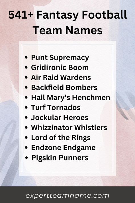 Fantasy football drafts are just around the corner, which can only mean one thing – it’s time to start brainstorming hilarious and memorable team names to strike fear (or laughter) into your league-mates. Need some inspiration for the perfect 2024 fantasy football team names? Fantasy Football Team Names, Netball Team Names, Fantasy Team Names, Badminton Team, Hilarious Puns, Football Team Names, Football Draft, Fantasy Team, Fantasy Names