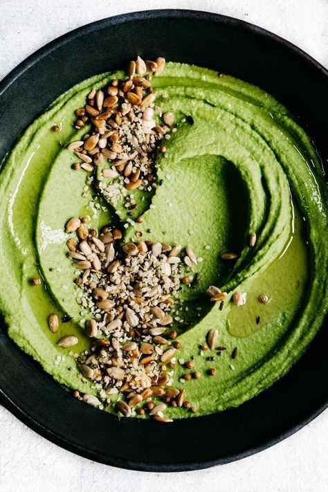 Green Pea Hummus from First We Eat - TENDING the TABLE Green Peas Recipes, Pea Hummus, Pea Recipes, Hummus Recipe, Green Peas, Raw Food Recipes, The Table, Spreads, Hummus