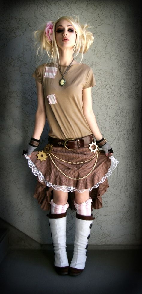 Everything but the shoes... Steampunk Couture brown stripe ruffle skirt with pearls and gears via Etsy