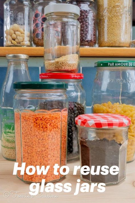 Learn how to reuse glass jars Reuse Jars Ideas, Pasta Jars Reuse, Recycled Jars Ideas, Old Jars Ideas Reuse, Recycle Glass Jars, Reusing Glass Jars, Reuse Glass Jars, Repurposed Containers, Glass Jars Diy