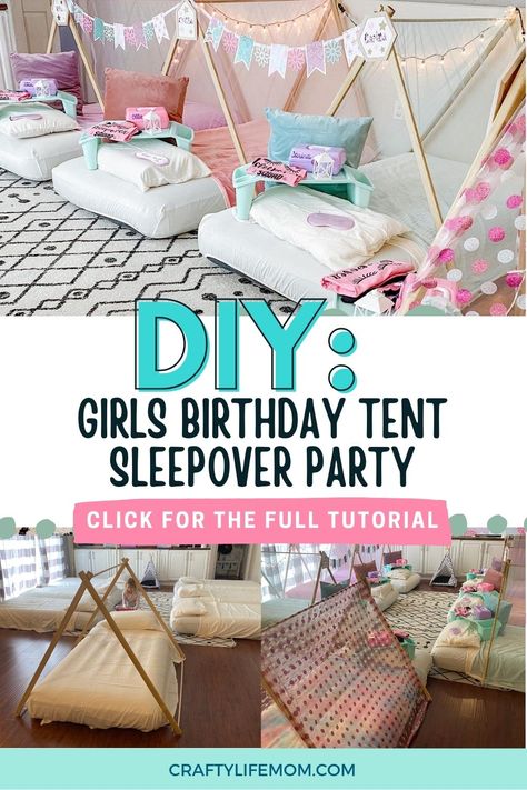 Girls tent sleepover birthday - Crafty Life Mom Indoor Tent Party Sleepover, Glamping Bday Party Ideas, Sleepover Set Up Ideas, Tent Sleepover Party, Sleepover Plans, Tent Sleepover, Birthday Tent, Girls Tent, Addison Grace