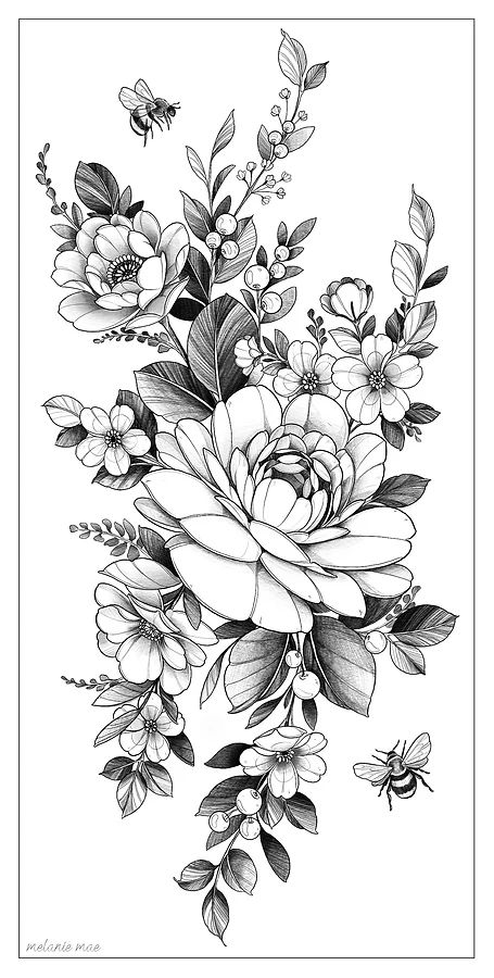 Line Work Flower Tattoo Sleeve, Mixed Flower Tattoo Half Sleeves, Flowers Tattoo Ideas For Women, Tattoo Designs Floral, Floral Shoulder Tattoo Stencil, Large Flower Tattoo Designs, Flowers Leg Tattoo Design, Floral And Bug Sleeve Tattoo, Black And White Half Sleeve Tattoos For Women