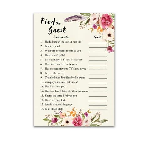 A unique fun icebreaker party game! Perfect for any party especially Baby Showers, Gender Reveal parties, and Sip n See. Bohemian theme highlighted with rustic watercolor floral boho design paired with a brush font. Ideal for a Boho Chic Girl Baby Shower! Size: 5" x 7".  Color: Multicolor. Victorian Baby Shower, Fairytale Baby Shower, Baby Shower Quiz, Find The Guest, Baby Shower Party Games, Bohemian Baby Shower, Wildflower Baby Shower, Bohemian Baby