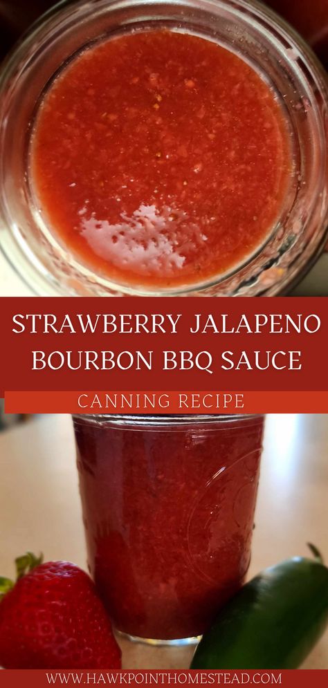 This recipe for strawberry jalapeno bourbon BBQ sauce recipe for canning is a delicious and wonderful twist on traditional BBQ sauce. The strawberries give it a sweet flavor and combined with tangy flavor of the peppers make it a taste out of this world. Plus adding the bourbon gives it a smooth delicious flavor that pairs perfectly with grilled meats like ribs, chicken and pork. This sweet BBQ sauce with its little bit of heat has an interesting flavor that will delight you! Strawberry Red Wine Bbq Sauce, Strawberry Bbq Sauce Recipes, Bbq Canning Recipes, Apple Jalapeno Bbq Sauce, Bbq Sauce Canning Recipe, Canning Bbq Sauce, Bbq Sauce For Canning, Strawberry Bbq Sauce, Bourbon Bbq Sauce Recipe