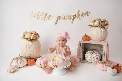 our little pumpkin cake smash, pink, gold and orange first birthday cake smash pictures in columbus ohio Orange First Birthday, Fall 1st Birthdays, Cake Smash Pictures, Pumpkin Birthday Parties, Pumpkin 1st Birthdays, Pumpkin First Birthday, 1st Birthday Party For Girls, First Birthday Cake Smash, 1st Birthday Photoshoot