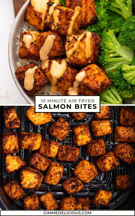 10 Minute Air Fryer Salmon Bites, Salmon Bites Salad, Salmon Bites Dipping Sauce, Cube Salmon Recipes, Salmon Cubes Air Fryer, Cubed Salmon Recipe, Crispy Salmon Bites Air Fryer, Air Fryer Meal Recipes, Salmon Cubes Recipe