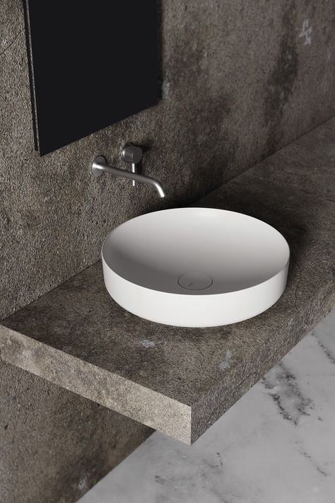 Form Circle Above Counter Basin in Gloss White by Studio Bagno Mirror For Wash Basin, Basin Vanity Design, Vanity Wash Basin, Bathroom Bench, Designer Mirror, Bathroom Wall Hanging, Hanging Pans, Counter Basin, Washbasin Design