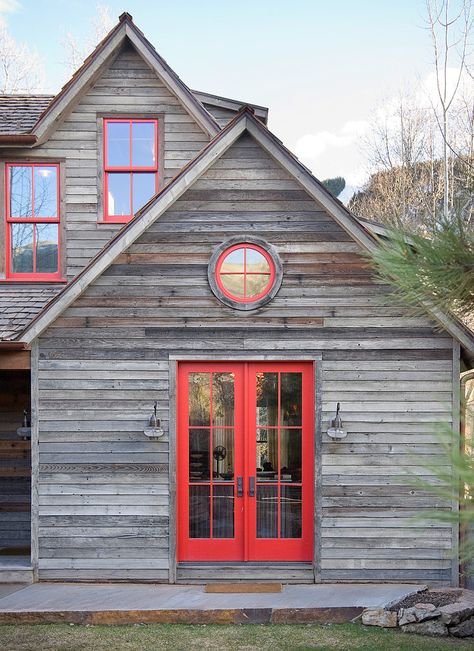 Rocky Mountain Retreat, love the red with weathered gray! Red Doors, Gray House, Rustic Exterior, Cedar Siding, Buying Your First Home, Rustic Cottage, Wood Siding, Hus Inspiration, Doors And Windows