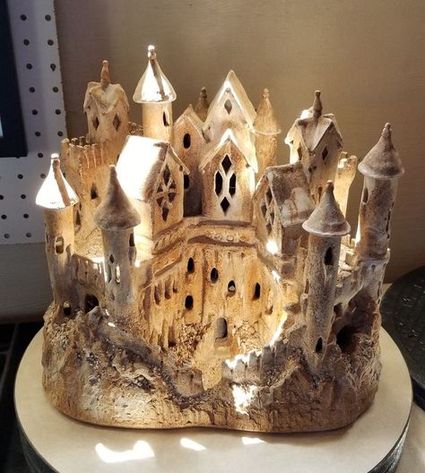 When I create a ceramic castle, I have no formal designs, plans or preconceived ideas. I just have a conversation with the clay and let creativity take its course. Ceramic Castle, Fairy Garden Castle, Clay Fairy House, Fairy Castle, Coil Pots, Sculpture Techniques, Clay Fairies, Cute Clay, Clay Art Projects