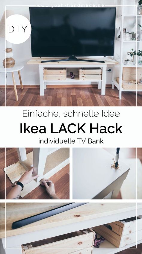 DIY | Ikea Hack Lack TV Bank. Ich zeige euch, wie ihr mit  einem einfachen Ikea Hack für das Wohnzimmer einen Lack Couchtisch, Beistelltisch und TV Bank mit Holz individuell gestalten könnt als perfekte Upcycling Idee für Ikea Möbel. Eine sehr schnelle DIY TV Bank Idee mit Holz als Deko.  Günstige Alternative zu einer teuren TV Bank. TV Bank und Möbel selber bauen. Ausführliche Anleitung mit Tipps auf Yeah Handmade. Hack Tv, Ikea Lack Hack, Lack Hack, Glass Shelving Unit, Build A Farmhouse Table, Dorm Room Wall Decor, Tv Bank, Ikea Lack, Deco Salon