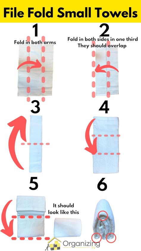 a step-by-step guide on how to file fold small towels Ways To Fold Towels, Best Way To Fold Towels, How To Fold Hand Towels, How To Fold Bath Towels, Fold Hand Towels, Fold Towels, Fold Clothes, Folding Techniques, Sanitary Towels