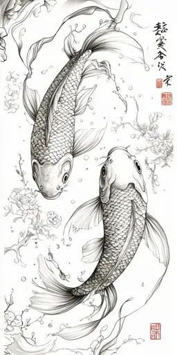 ↑↑↑ Larger size on website 🔸 The image is a black and white line drawing of two koi fish swimming in a pond. The fish are drawn i Koi Fish Painting Black And White, Koi Fish Line Drawing, Koi Fish Drawing Sketches, Koi Fish Reference, Fish Pond Drawing, Koi Fish In A Pond, Koi Fish Illustration, Fish In A Pond, Two Koi Fish