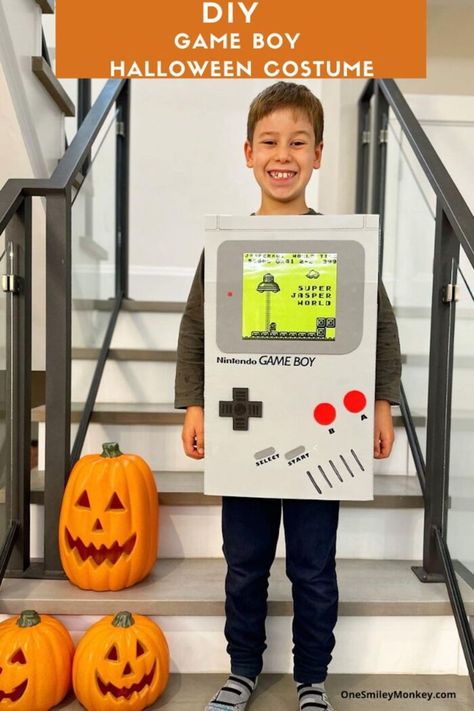 DIY Classic Game Boy Halloween Costume Idea - OneSmileyMonkey.com Gameboy Costume Diy, Gameboy Costume, Diy Costumes For Boys, Easy Homemade Halloween Costumes, Halloween Costume Game, Boys Halloween Costumes Diy, 2015 Halloween Costumes, Purim Costumes, Video Game Costumes