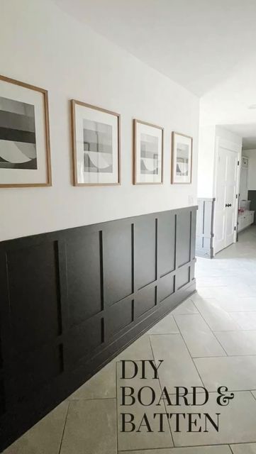 Half Charcoal Half White Wall, Black Bottom White Top Walls, Black Board And Batten Half Wall, Simple Wood Paneling, Accent Walls Half Wall, Feature Wall Hallway Entrance, Wood Panel Walls Entry Way, Half Black And White Wall, Board And Batten Wall With Photos