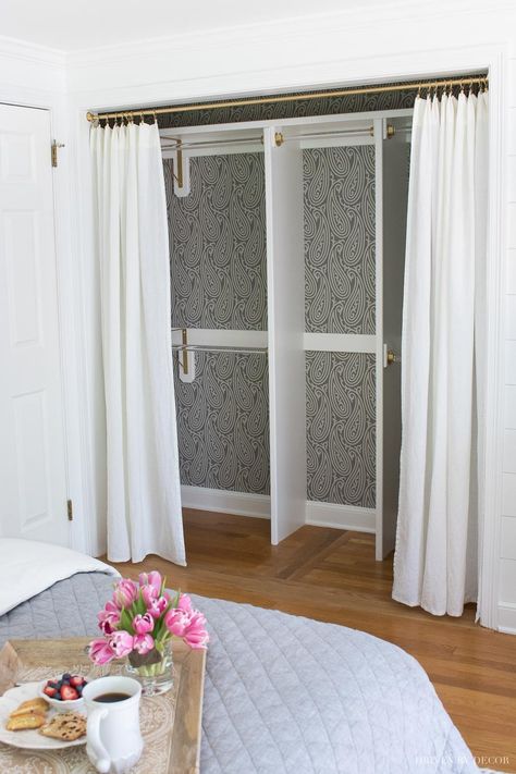 Closet Ideas Without Doors, Bedroom Closet Without Doors Ideas, Ideas To Replace Bifold Closet Doors, Closet Door Alternative Curtains & Drapes, Bedroom Closet Without Doors, Bifold Closet Door Alternative, Space Saving Closet Doors, Curtains For Closet Doors Bedroom Ideas, Closet Door Alternative Curtains