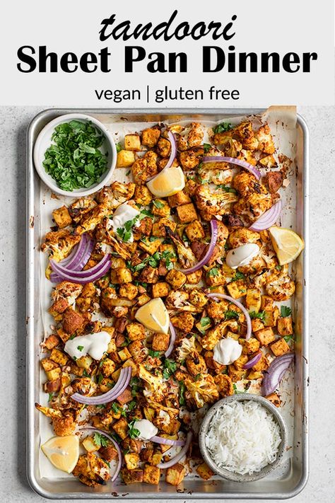 This vegan tandoori sheet pan dinner is an easy and flavorful meal made with tofu, cauliflower, and potatoes baked in a spiced yogurt marinade. Serve with basmati rice and wedges of lemon or lime and enjoy! It also happens to be gluten free. Vegan Tandoori, Tofu Cauliflower, Tandoori Sauce, Yogurt Marinade, Potatoes Baked, Gluten Free Food, Foo Foo, Sheet Pan Dinners Recipes, Food Vegetarian