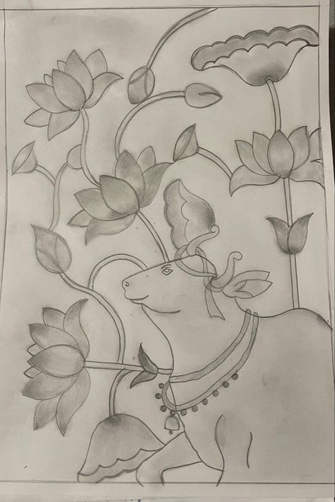 Indian traditional art Pichwai Cow Sketch, Pichwai Prints, Pichwai Cow, Indian Traditional Art, Cow Sketch, Pichwai Art, Pichwai Painting, Cow Drawing, Simple Hand Embroidery Patterns