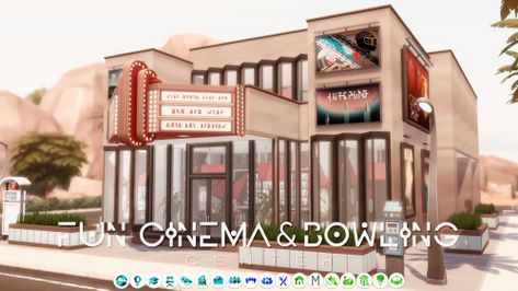 scarlett - fun cinema & bowling center 30x20 228 450$ no cc... Bowling Center, Theatre Building, The Sims 4 Lots, Cinema Theatre, Tumblr Sims 4, Sims 4 House Design, Casas The Sims 4, Sims Building, Sims House Design